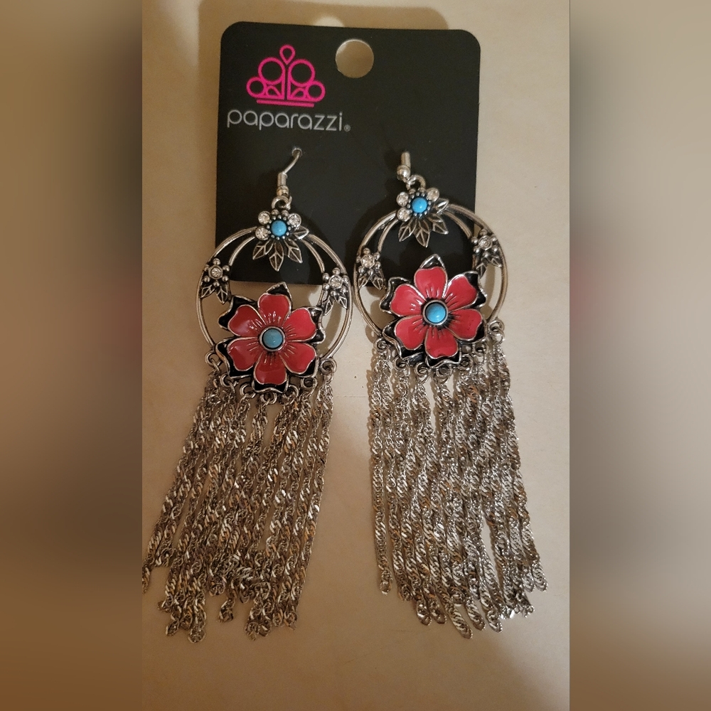Paparazzi Red and Silver Floral Dangle Earrings